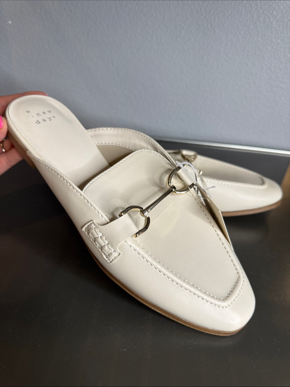 New size 9- A new day cream Leather Slip-On Mules with Metal Bit
